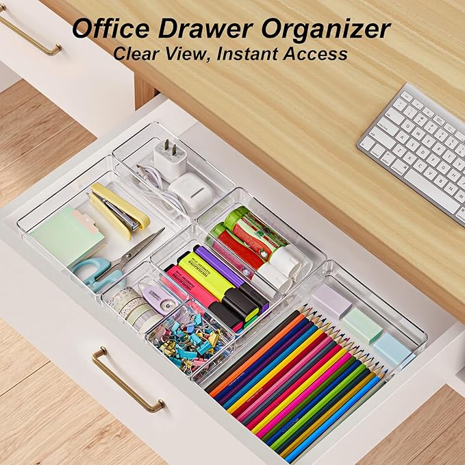 SMARTAKE 7-Piece Drawer Organizer with Non-Slip Silicone Pads, 4-Size Desk Drawer Organizer Trays Storage Tray for Makeup, Je
