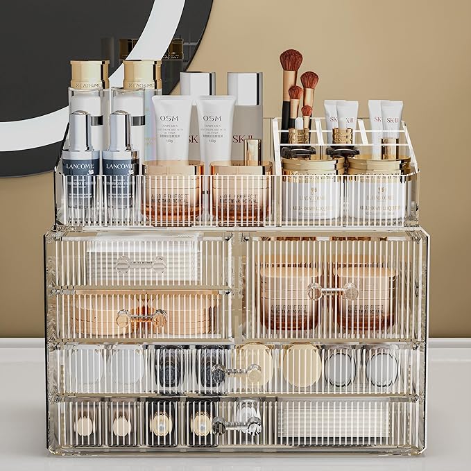 ZHIAI Stackable Storage Drawers, Acrylic Bathroom Counter Organizer Clear Makeup Organizers for Vanity, Kitchen Cabinets, Bat