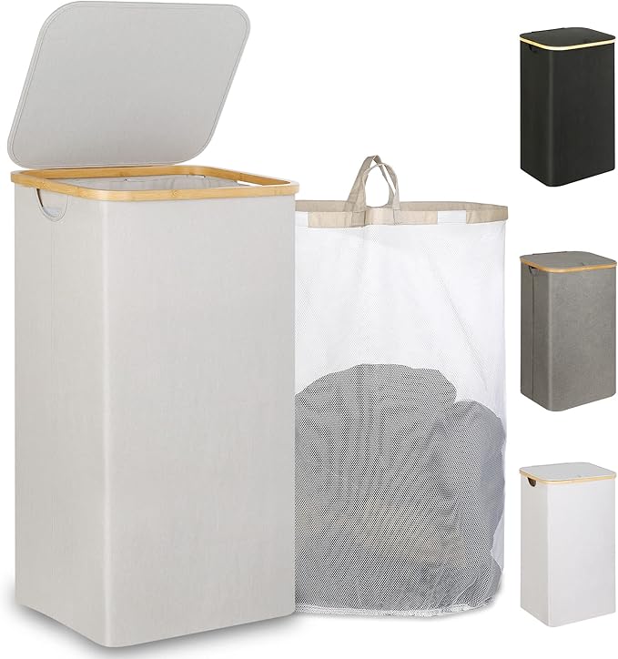 iEGrow 110L Laundry Basket with Lid, Laundry Hamper with Bamboo Handle,Clothes Basket Organizer with Removable Inner Bag for 