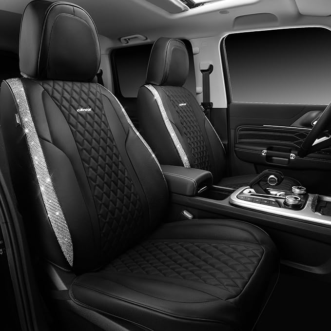 CAR PASS Bling Leather Car Seat Covers & Black Nappa Leather Calfskin Seat Cushioned Protector, Waterproof Anti-Slip Universa