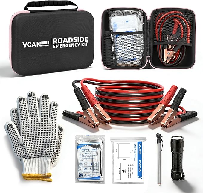 Car Emergency Safety Kit Bag with Jumper Cables, Tire Pressure Gauge, Auto Vehicle Safety Road Side Assistance Kits Essential