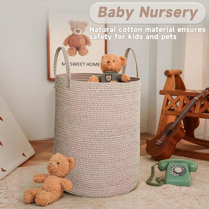 JMvicyroam Large Woven Laundry Basket Hamper,80L Cotton Rope Storage Bin for Blankets,Toys and Clothes,Decorative Tall Nurser