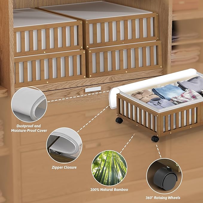 Under Bed Storage Containers with Wheels, 2 Pack Bamboo Under the Bed Shoe Storage Bins, Wood Rolling Underbed Drawers Organi