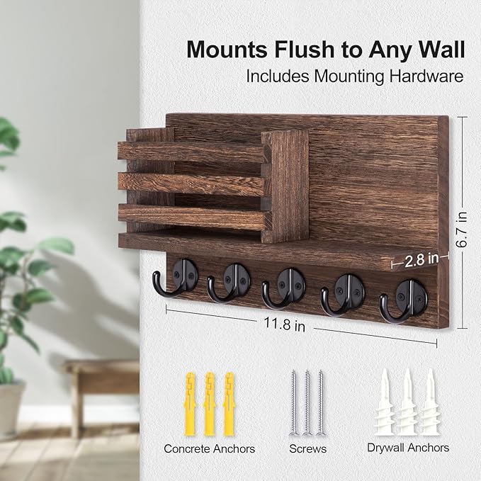 Lwenki Key Holder for Wall – Decorative Wooden Mail Holder and Key Shelf with Mounting Hardware, Installation Guide – Paulown