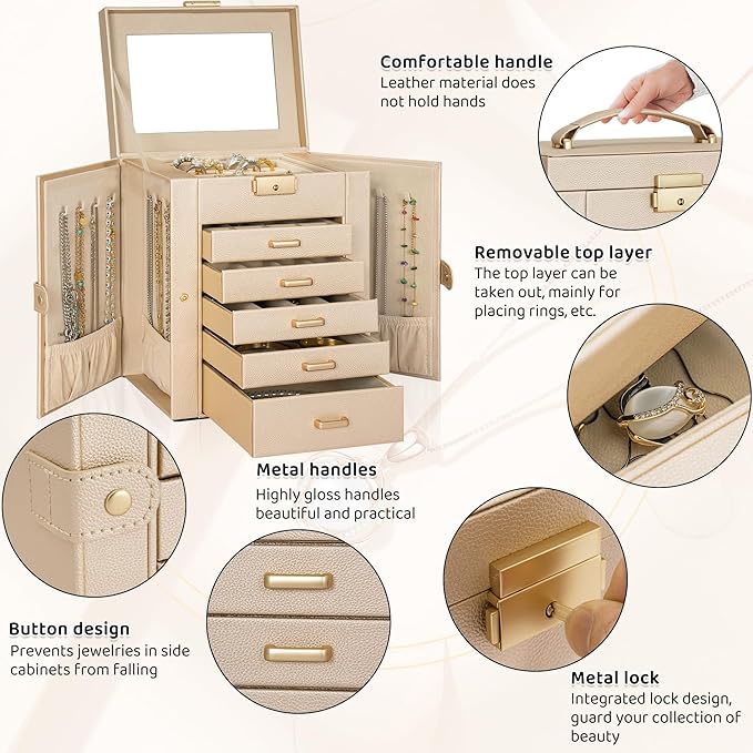 AKOZLIN 6-Tier Jewelry Box Lockable Leather Jewelry Storage Case with 5 Drawers for Women Girls Ring Necklace Earring Bracele