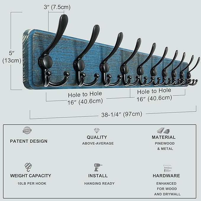 Dseap Coat Rack Wall - Heavy-Duty 38-1/4" Long, with Reinforced 10 Custom Tri-Hooks, Solid Wood Wall Hanger for Coats Hat Jac