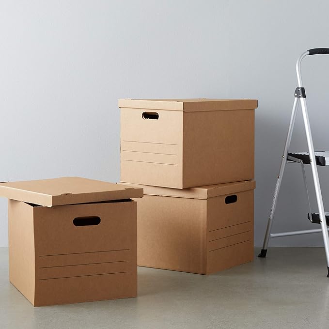 Amazon Basics Moving and Storage Boxes with Handles and Lift-Off Lids, Medium, 19" x 14.5" x 15.5", Brown, 10-Pack