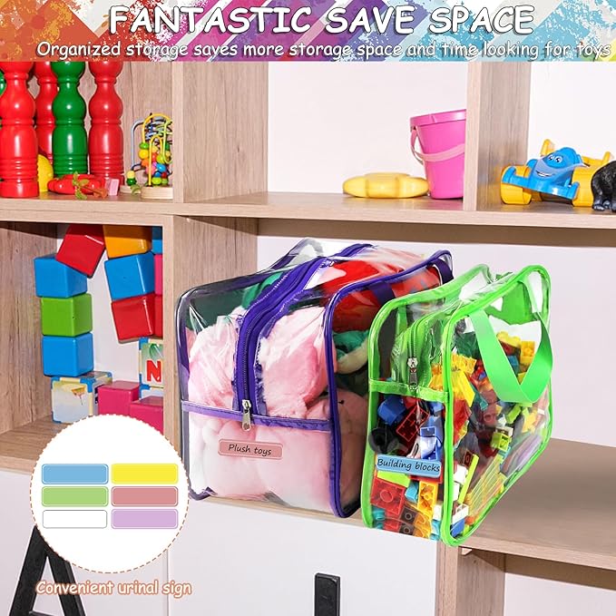 6 Colors Large Toy Storage Bags with Labels, Reusable Clear PVC Board Game Storage, Travel Waterproof Organizer Bags with Zip