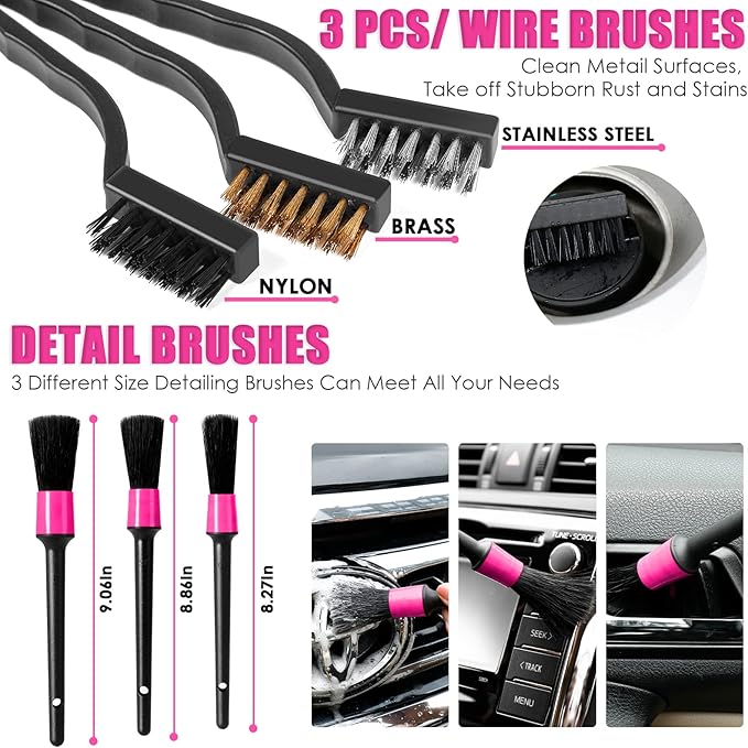 Viewsun 20PCS Car Cleaning Kit, Pink Car Interior Detailing Kit with Drill Brush Set, Windshield Cleaning Tool, Detailing Bru