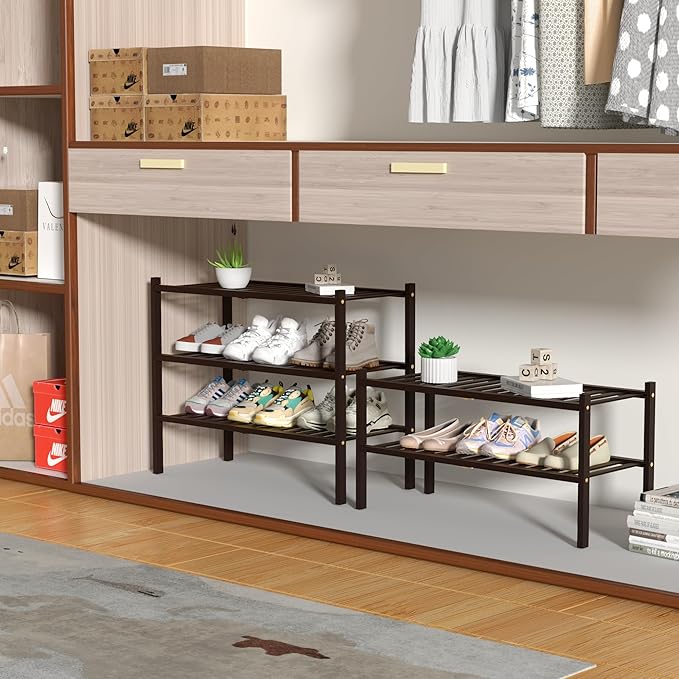 ROMGUAR CRAFT 3 Tier Bamboo Shoe Rack for Closet Free Standing Wood Shoe Shelf for Entryway Small Space Stackable 27"x11"x20"