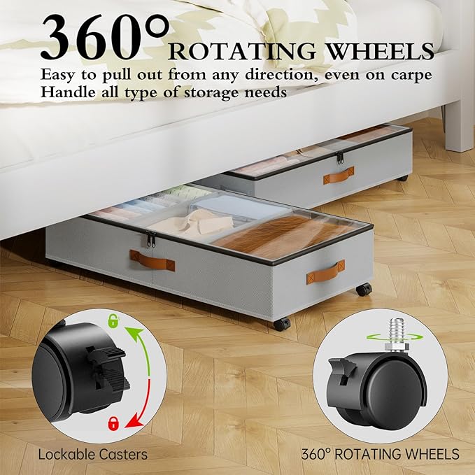 Yecaye Under Bed Storage with Wheels, 2 Pack Under Bed Storage Containers with Adjustable Dividers & Clear Window, Rolling Un