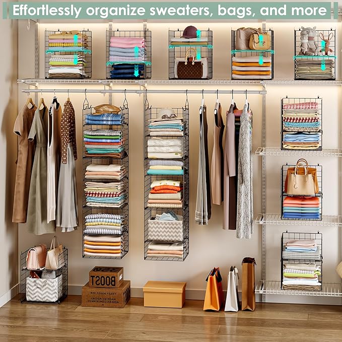 6-Tier Closet Hanging Organizer Shelves, Hanging Closet Organizer and Storage Bin with Adjustable Dividers, Metal & Foldable 