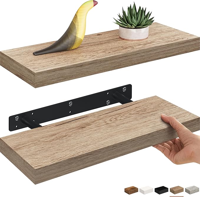 Ballucci Floating Shelves, 16" Wood Wall Shelf Set of 2, Invisible Brackets Floating Shelf Bathroom Wall Decor, Living Room, 