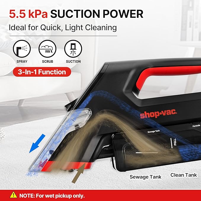 Shop-Vac 3-in-1 Cordless Spot Cleaner, Handheld Upholstery Cleaner with Spray, Rolling Brush and 5.5kPa Suction, 2 Water Tank