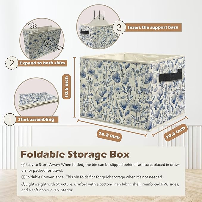 Blue and White Floral Storage Box Bins, Chinoiserie Flower Botanical Collapsible Storage Basket Organizer for Bedroom Laundry