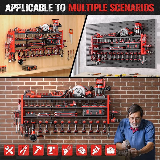 49.8" W Large Power Tool Organizer Wall Mount, Heavy Duty Tool Organizer with 14 cordless Drill Holder, 4 Layers Garage Organ