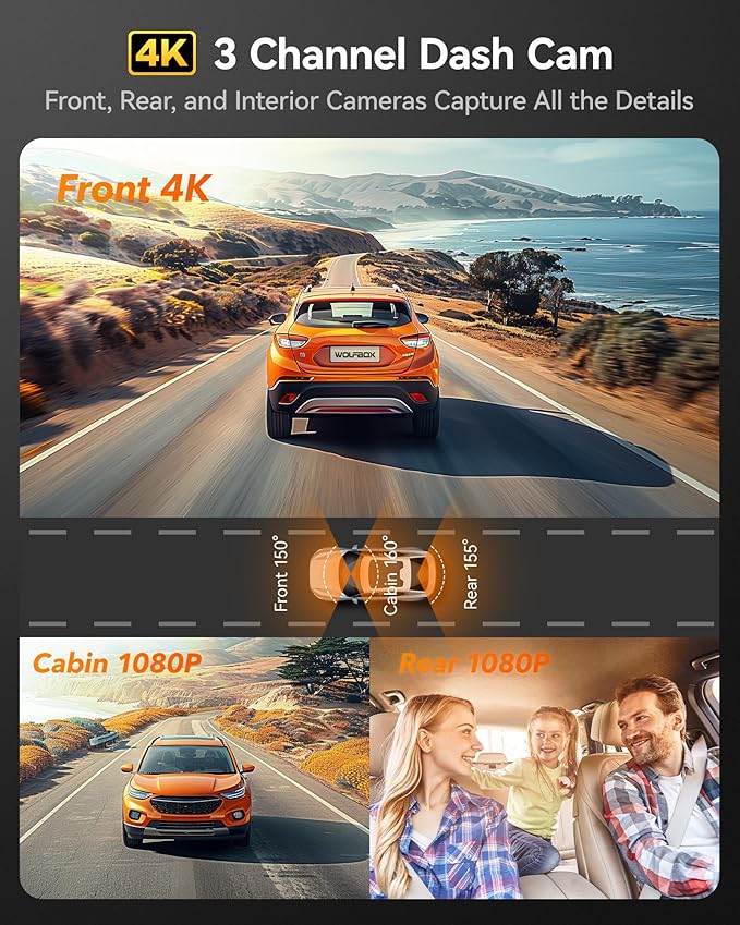 WOLFBOX i17 4K 3 Channel Dash Cam Built-in 5.8GHz WiFi with 64GB Card, 4K+1080P+1080P Dash Cam Front and Rear Inside, Triple 