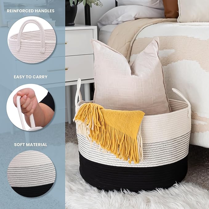 OrganiHaus Large Woven Storage Basket for Blankets and Toys 20" x 13" Inch, Rope Laundry Basket with Handles, Cushions & Pill