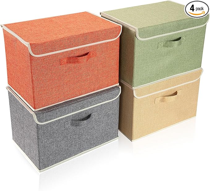 Storage Bins with Lid, Foldable Clothing Storage Box case with Handle for Books, Closet, Bedroom, Home, 4 Color Set A, 15L x 