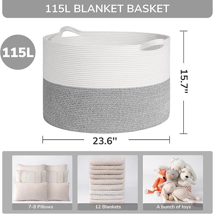 INDRESSME 115L Extra Large Blanket Basket, Soft Cotton Rope Storage Basket for Organizing, Home Decor, Toys, Laundry & Towels