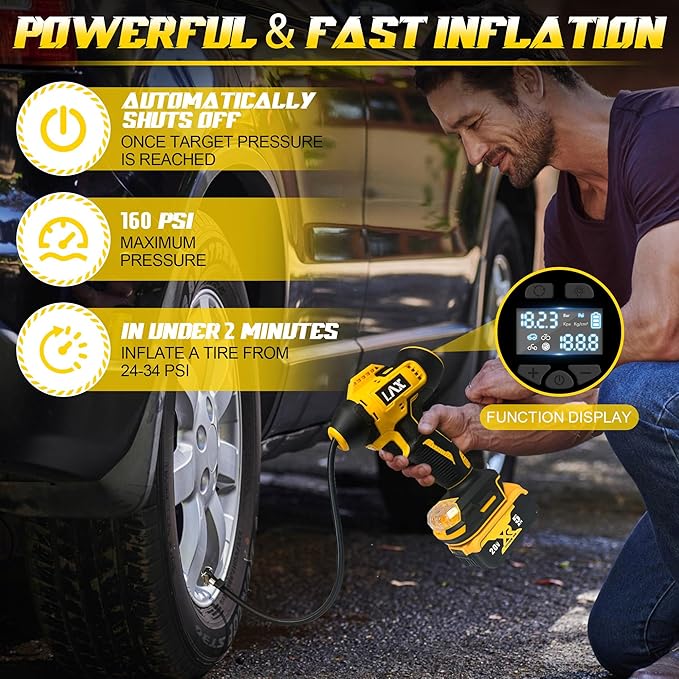 Tire Inflator Portable Air Compressor for DeWalt 20v Max Battery Power,160PSI Cordless Portable Electric Air Pump with Digital Pressure Gauge for Car Motorcycles Bike Sport Ball Auto(no battery)
