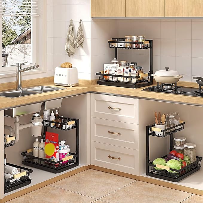 Sevenblue 2 Packs Under Sink Organizer, Height Adjustable 2 Tier Under Kitchen Sink Organizer, Multi-Purpose Storage Shelf fo