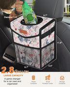 Car Trash Can with Lid, Cute Leakproof Car Trash Garbage Bag Hanging Vehicle Trash Bin Small Portable Automotive Garbage Cans Organizer for Back/Front Seat/Console(2.8 gal,Flamingo Print