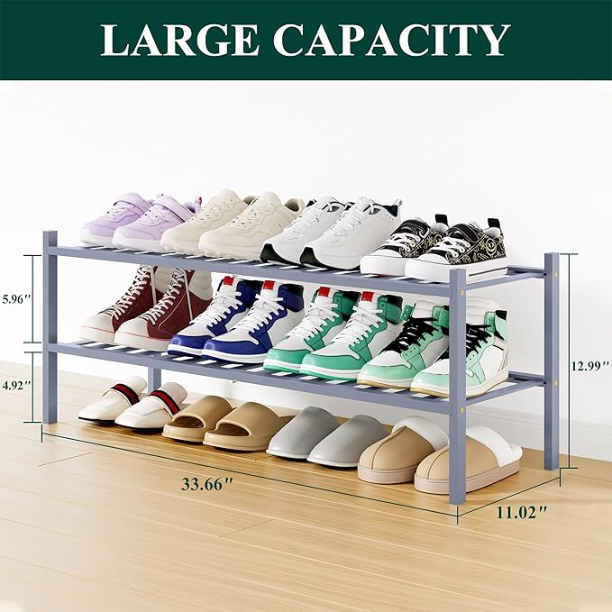 Smiry Shoe Rack, 2 Tier Long Bamboo Shoe Organizer, Stackable Free Standing Wooden Shoe Storage Shelf for Closet, Entryway, F