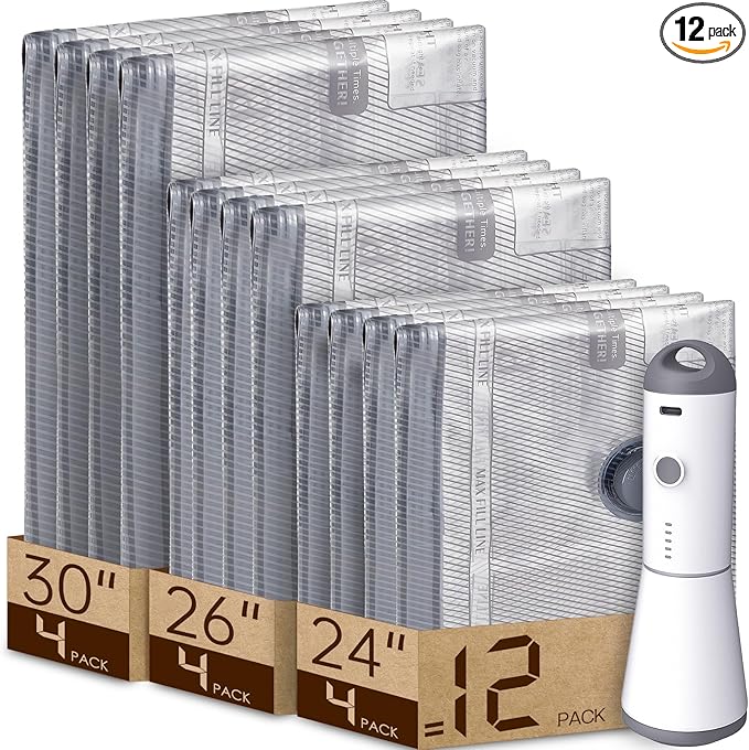 Vacbird 12 Pack Vacuum Bags for Travel with Rechargeable air Pump, Carry-on Size Vacuum Seal Bags for Luggage and Suitcase Co