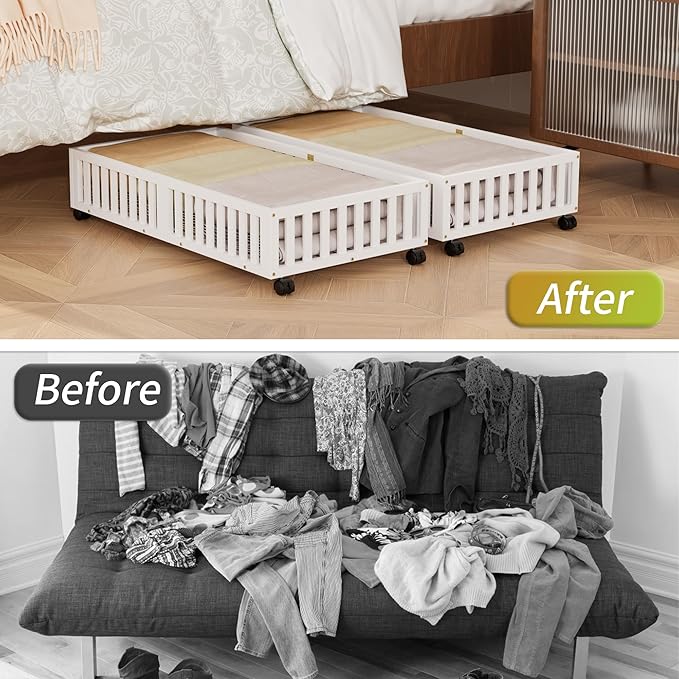 Bamboo Under Bed Storage with Wheels,Rolling Underbed Shoe Organizer Box for Shoes,Blankets,Toys,Clothes Container Space-Savi