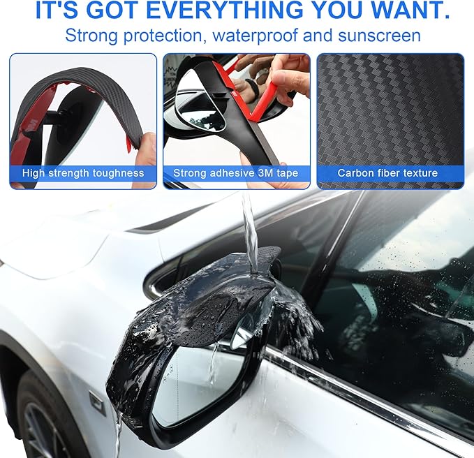 LivTee Blind Spot Mirror with Side Mirror Rain Guard, Carbon Fiber 2-in-1 Side Mirror Covers Kit with Wide Angle Adjustable Stick for Cars SUV and Trucks, Pack of 2