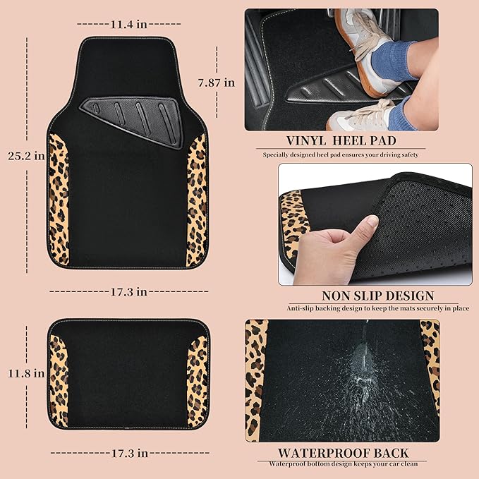 CAR PASS Waterproof Universal Fit Car Floor Mats, Leopard Print Car Mats Fit for SUV,Vans,sedans, Trucks,Set of 4pcs Car Carp