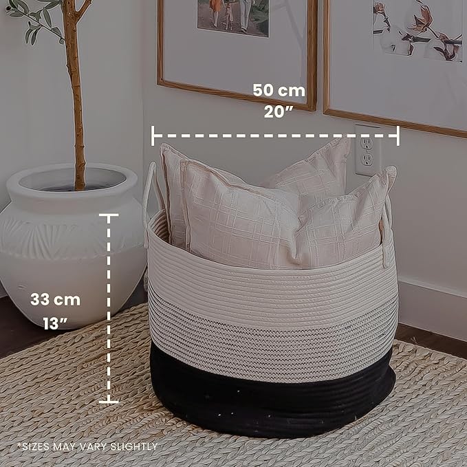 OrganiHaus Large Woven Storage Basket for Blankets and Toys 20" x 13" Inch, Rope Laundry Basket with Handles, Cushions & Pill