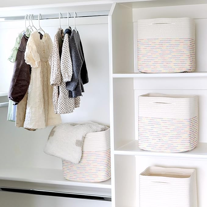 NaturalCozy Storage Cubes 11 Inch Cotton Rope Woven Baskets for Organizing, 3-Pack | Cube Storage Bin | Square Storage Basket