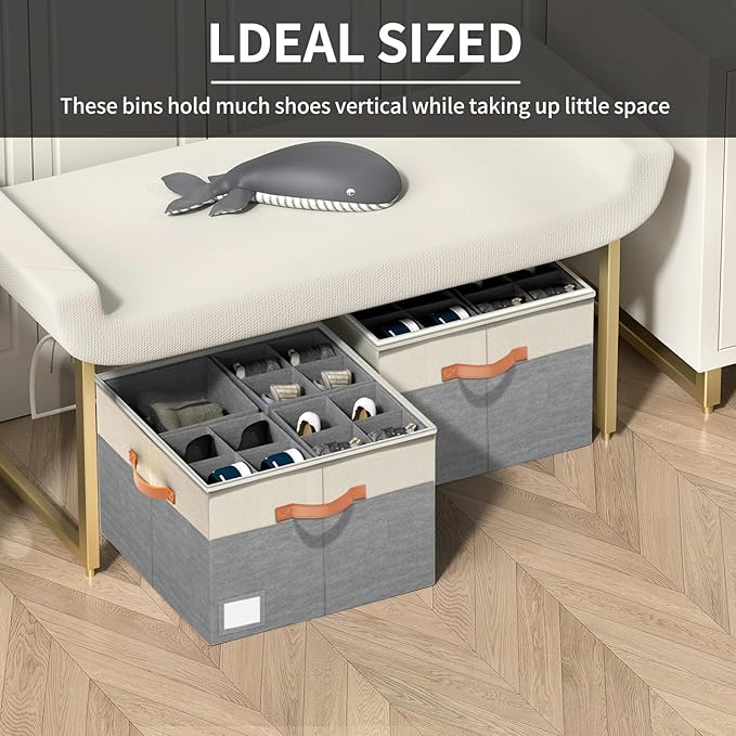Aokeyee Shoe Organizer for Closet,2 Pack Foldable Shoe Storage Organizer Box Bin with Adjustable Dividers and Clear Cover, Fi