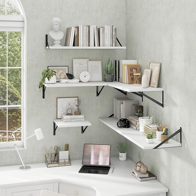 Deep Floating Shelves Wall Mounted, 48"x12" White Wall Shelves with Brackets Set of 2 for Bedroom, Living Room, Bathroom, Kit