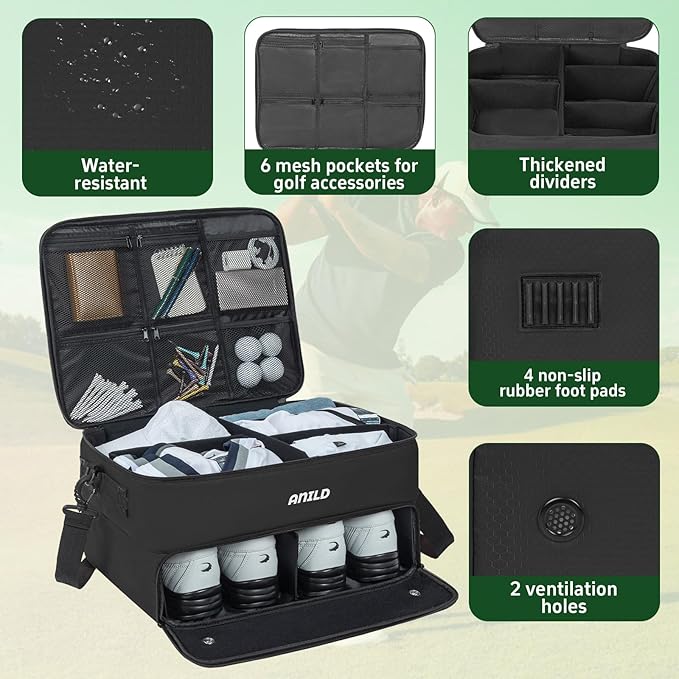 ANILD Golf Trunk Organizer, 2 Layer Golf Storage Case with Separate Ventilated Compartment for 2 Pair Shoes, for Balls, Tees,
