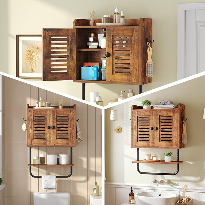 HOOBRO Bathroom Wall Cabinet, Double Doors Medicine Cabinet with Towel Bar, Adjustable Shelf, 2 Hooks, Over The Toilet Storag