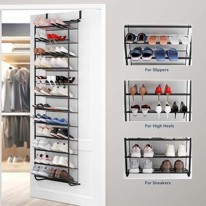 Whitmor 36 Pair Over The Door Shoe Organizer, 12 Tier Hanging Shoe Organizer, Heavy Duty Metal & Mesh Shoe Holder, Hanging Sh
