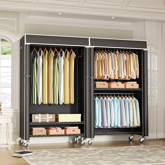 FUTASSI Clothing Rack with Cover, P1C Rolling Closets with Wheels, Metal Garment Rack for Hanging Clothes, Clothing Storage W