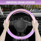 PIC AUTO Steering Wheel Cover, Pink Patterned & Light Purple Leather Patchwork Design, Universal Fit 14.5"–15.5", Anti-Slip, 