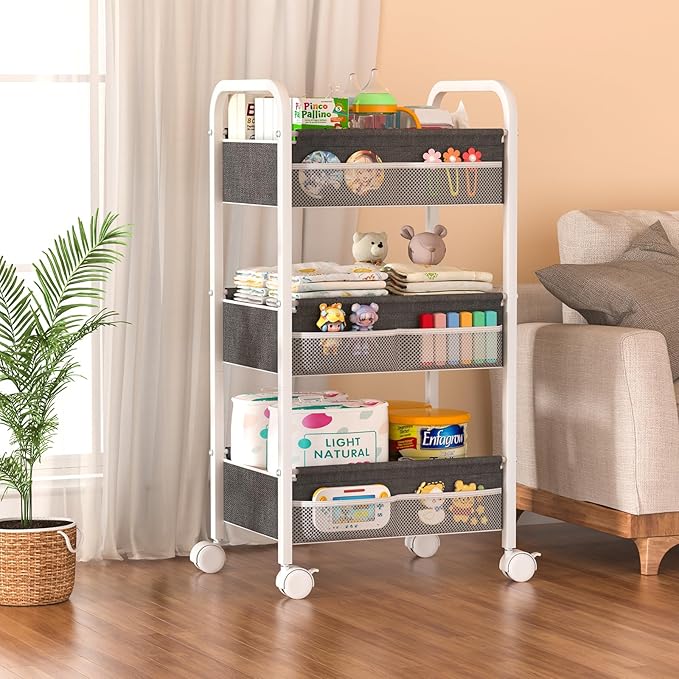 Baby Diaper Caddy Rolling Utility Cart, 3 Tier Baby Essentials Nursery Organizer and Storage with Dividers and Drawers for Cr