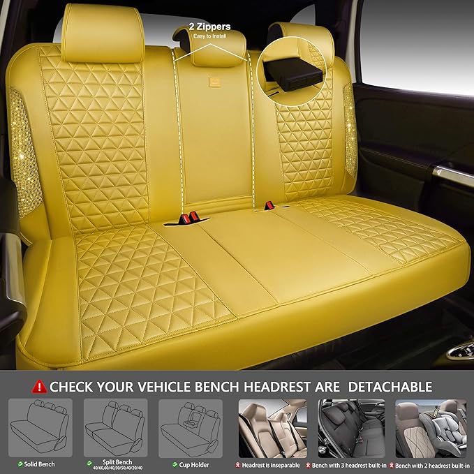 CAR PASS Yellow Bling Diamond Leather Car Seat Cover Full Sets,Waterproof Shining Glitter Sparkly Crystal Universal Fit for A