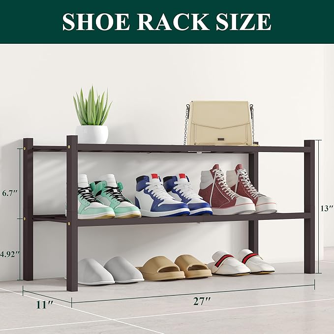 Smiry Shoe Rack, 2 Tier Bamboo Shoe Organizer, Stackable Free Standing Wooden Shoe Storage Shelf for Closet, Entryway, Front 