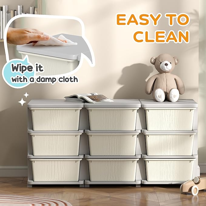 Qaba 3 Tier Kids Storage Unit, Toy Organizers and Storage with 9 Drawer Chest for Kids Bedroom Nursery Kindergarten Living Ro