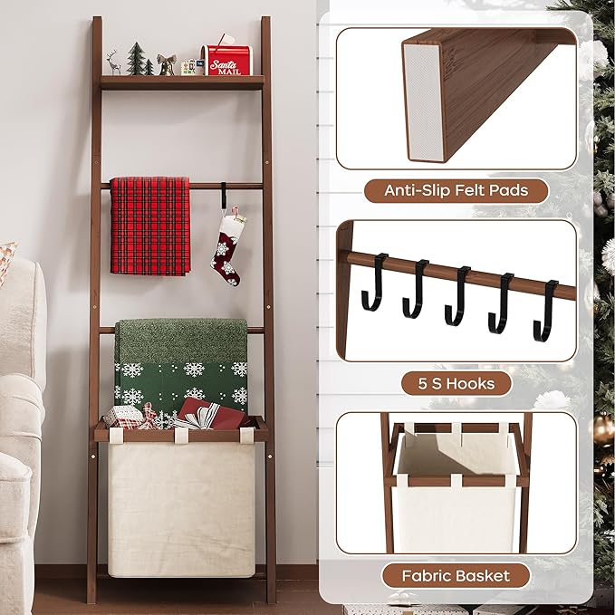 63" Bamboo Blanket Ladder with Shelf, Fabric Storage Basket and 5 Hooks, 4 Tier Leaning Blanket Rack, Farmhouse Towel Ladder 