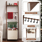 63" Bamboo Blanket Ladder with Shelf, Fabric Storage Basket and 5 Hooks, 4 Tier Leaning Blanket Rack, Farmhouse Towel Ladder 