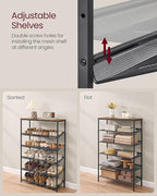 VASAGLE Shoe Rack for Entryway, 6-Tier Shoe Rack Organizer with Storage Shelves and Spacious Top, Freestanding, Adjustable, I