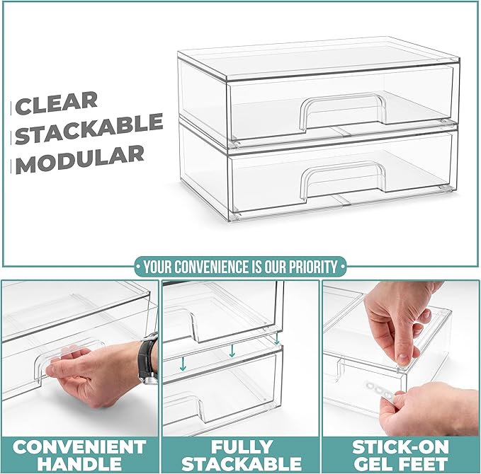 Sorbus Acrylic Storage Containers - 2 Pack, Stackable Storage Bins Set for Bathroom Organization - Clear Acrylic Drawer Organ