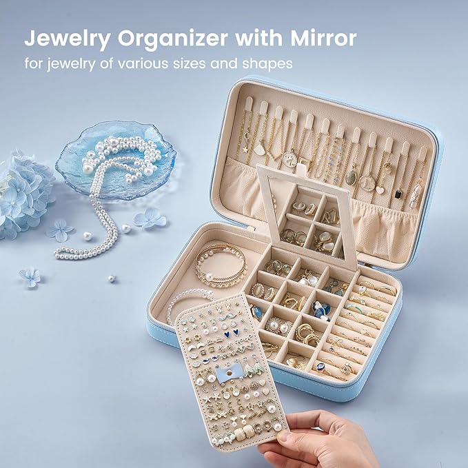 Lolalet Travel Jewelry Case for Women Girls, Travel Jewelry Organizer Box with Mirror & Clear Storage Bag, Small Portable Ear